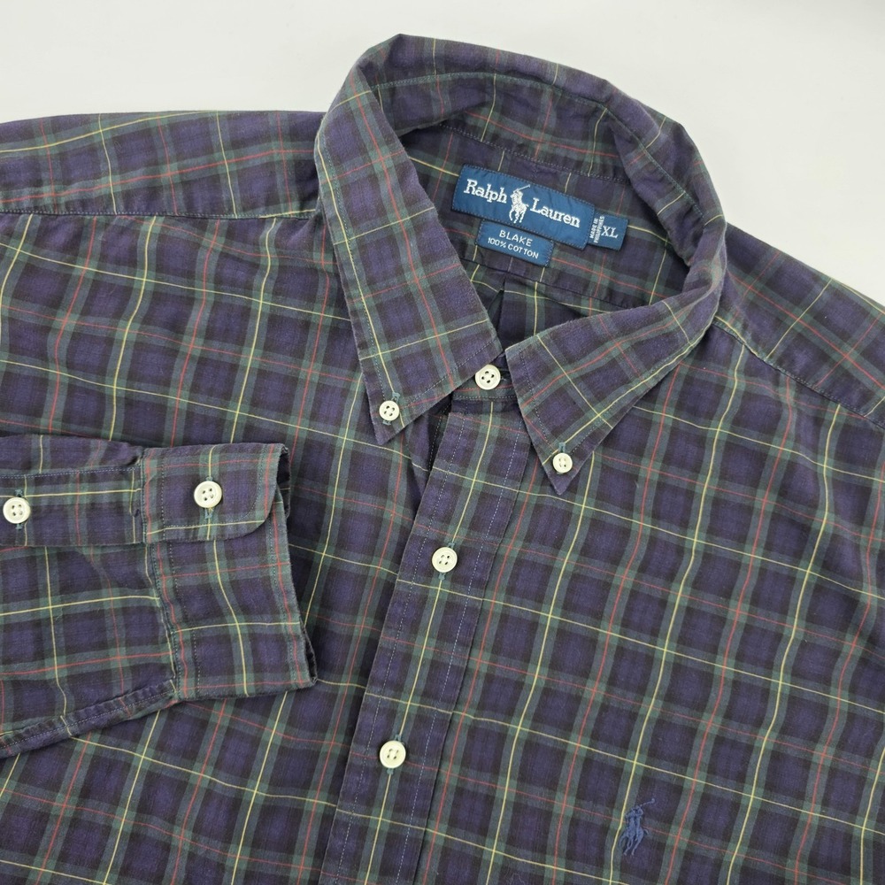 Ralph Lauren Blake Mens XL Navy Green Plaid Cotton Button Down Shirt Long Sleeve